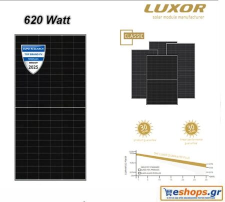 Luxor 620W Mono N-Type TOPCon Glass-Glass Bifacial LX-620M Φωτοβολταϊκό μονοκρυσταλλικο πάνελ για net billing αυτόνομα φωτοβολταϊκά συστήματα. - Φωτοβολταϊκά Πάνελ eshops.gr